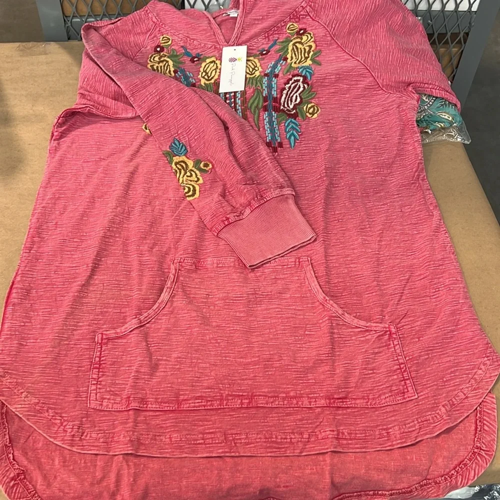 Pink Pineapple southwestern Floral Bohemian hooded pullover w/ front pocket SZ L - Picture 4 of 6